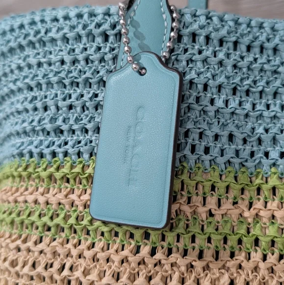 New Coach Straw Blue and Green Woven City Tote Bag - Picture 3 of 7